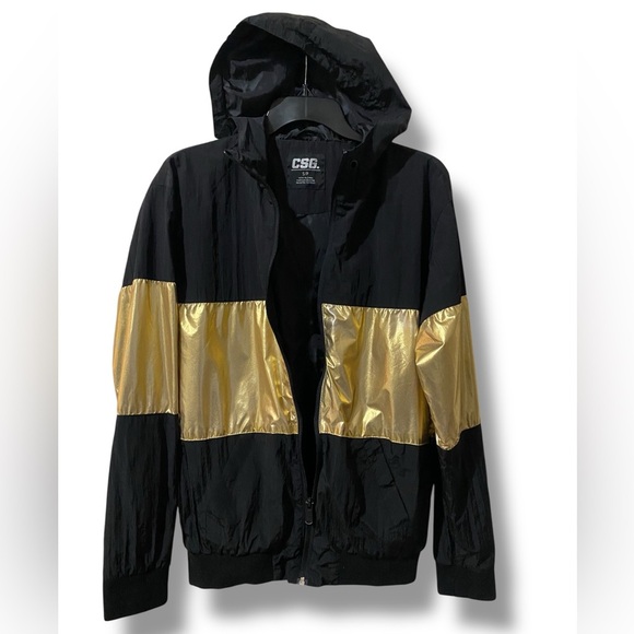 CSG Black Hooded Bomber Jacket with Bold Gold Color-block Women’s Size SP Goth - Picture 6 of 7